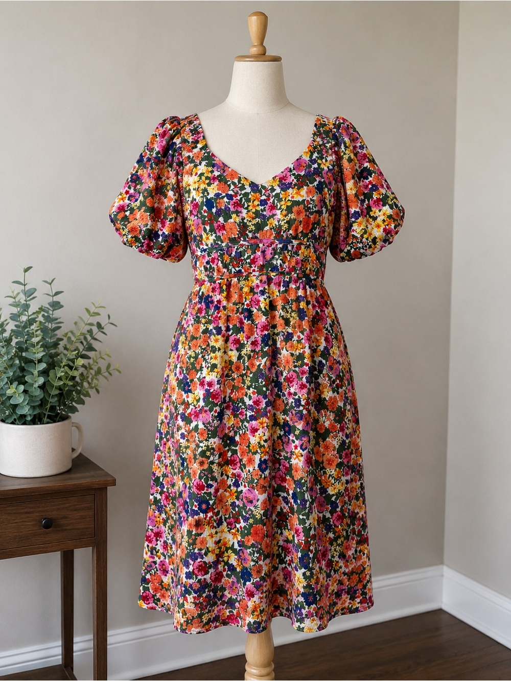 Cato Floral Dress Womens L Multicolor Puff Sleeve Knee Length Boho Cottagecore